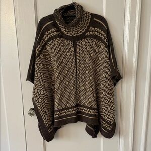Ralph Lauren Wool Blend Dark Brown and Tan Cowl Neck Sweater Poncho with Buttons